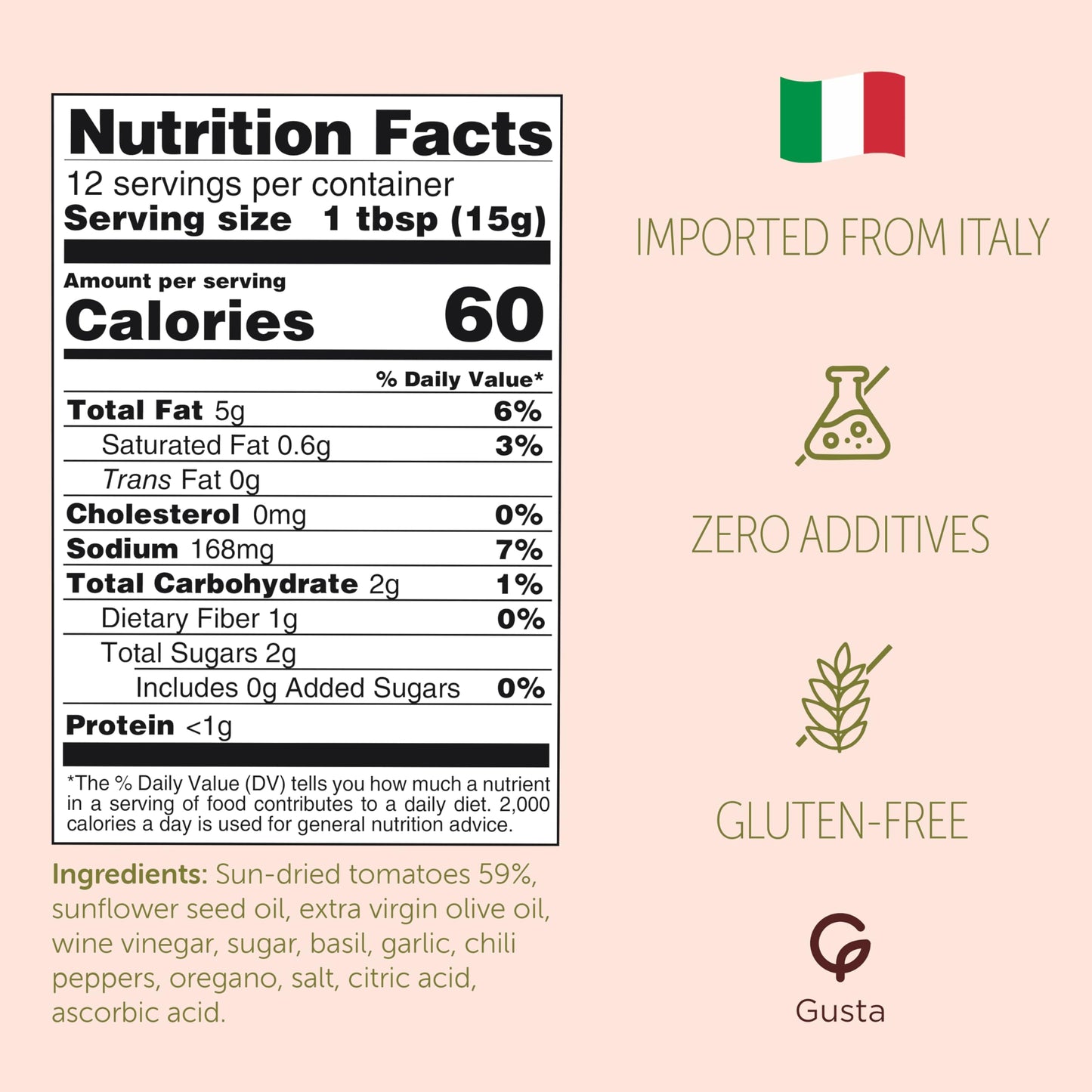 Gusta Sun-Dried Tomato Pate - Made in Italy Dip or Spread - Paste of Sundried Tomatoes in Jar with Extra Virgin Olive Oil - Non-GMO, All Natural - Perfect for Tomato Pesto - 6.35oz Glass Jar