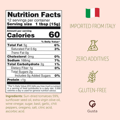 Gusta Sun-Dried Tomato Pate - Made in Italy Dip or Spread - Paste of Sundried Tomatoes in Jar with Extra Virgin Olive Oil - Non-GMO, All Natural - Perfect for Tomato Pesto - 6.35oz Glass Jar