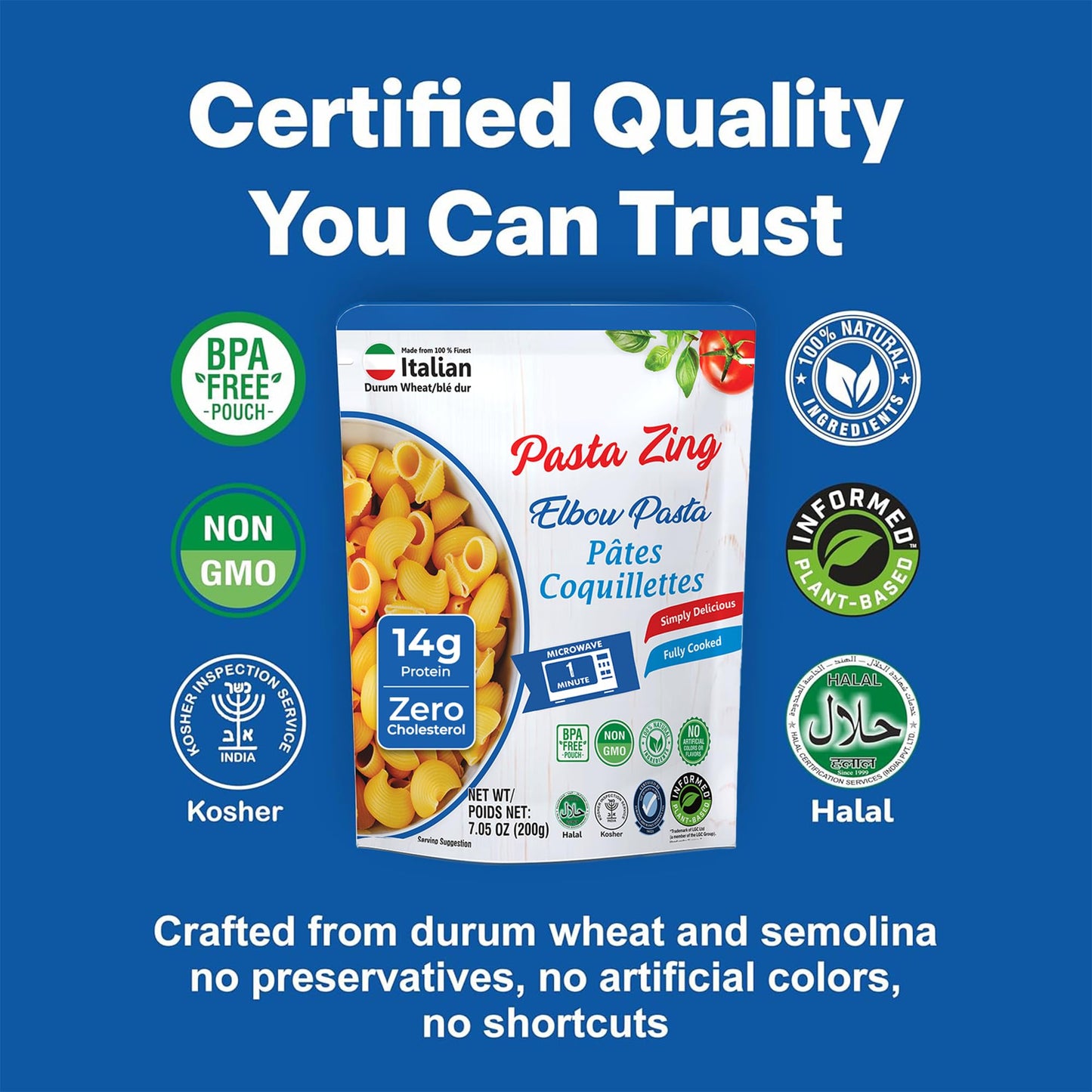 Pasta Zing Elbow Pasta, 100% Durum Wheat, 14g Protein, Made with 2 Clean Ingredients, Al Dente Bite, Zero Sodium & Cholesterol, Non-GMO, 7.05oz Pack of 7