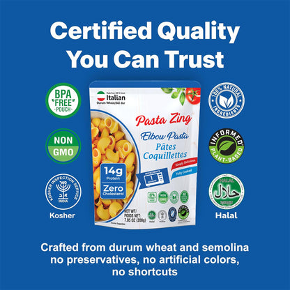 Pasta Zing Elbow Pasta, 100% Durum Wheat, 14g Protein, Made with 2 Clean Ingredients, Al Dente Bite, Zero Sodium & Cholesterol, Non-GMO, 7.05oz Pack of 7