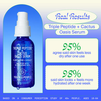Youth To The People Triple Peptide + Oasis Face Serum - Hydrating + Firming Serum for Dry Skin, Plumps Fine Lines with 4 Types of Hyaluronic Acid, Peptides, Preps for Makeup, Fragrance-free - 1 fl oz