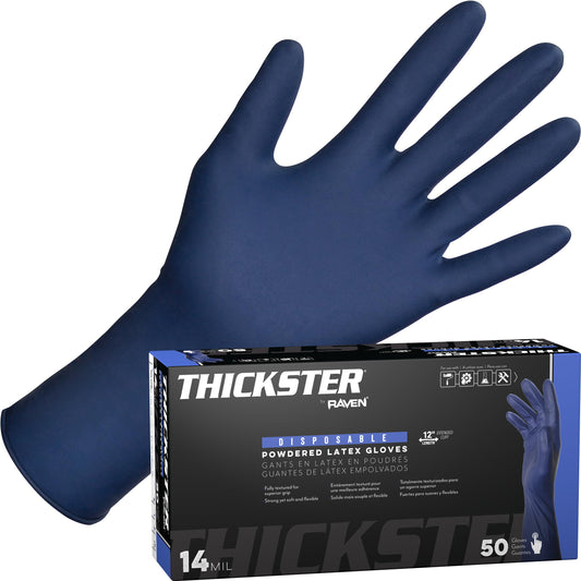 Thickster Powdered Latex Disposable Gloves. Size 2X-Large. Blue Color, 14 mil Thickness, 12" Length. Fully Textured for Superior Grip. Single Use. Pack of 50. (6605)