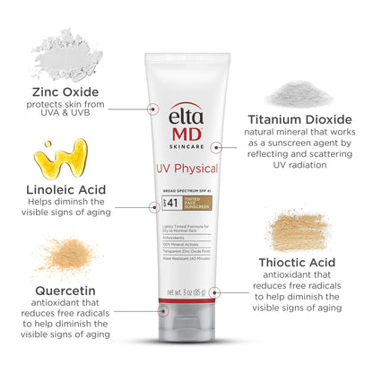 EltaMD UV Physical Tinted Sunscreen for Face, 100% Mineral Active Sunscreen