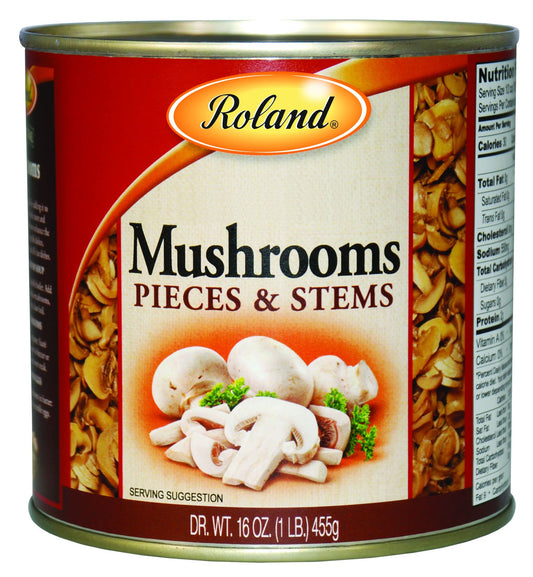 Roland Foods Button Mushrooms Pieces and Stems, Specialty Imported Food, 16 Ounce Can, Pack of 4