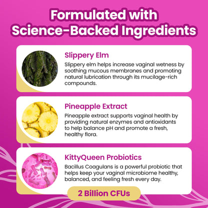 KITTYQUEEN Slippery Kitty Feminine Probiotic and Moisture Gummies, Pineapple Flavor, Women’s Probiotic Gummies for Vaginal Health, pH Balance, Odor Control, Flora Support and Moisture Boost, 60 Count