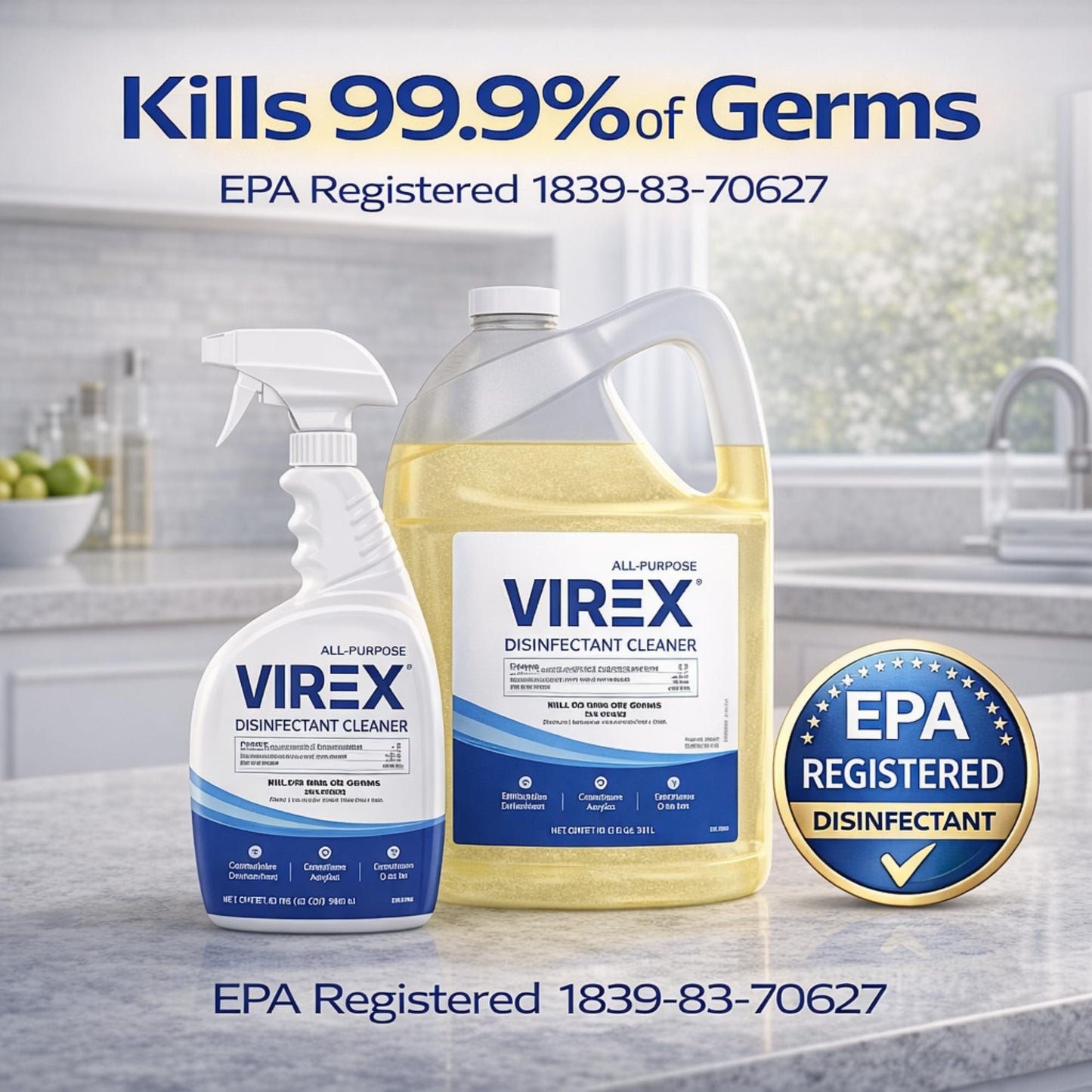 VIREX Diversey CBD540557 All Purpose Disinfectant Cleaner, For Home & Commercial Use, Kills 99.9% of Germs, Multi-Surface, Lemon Scent, 1 Gallon