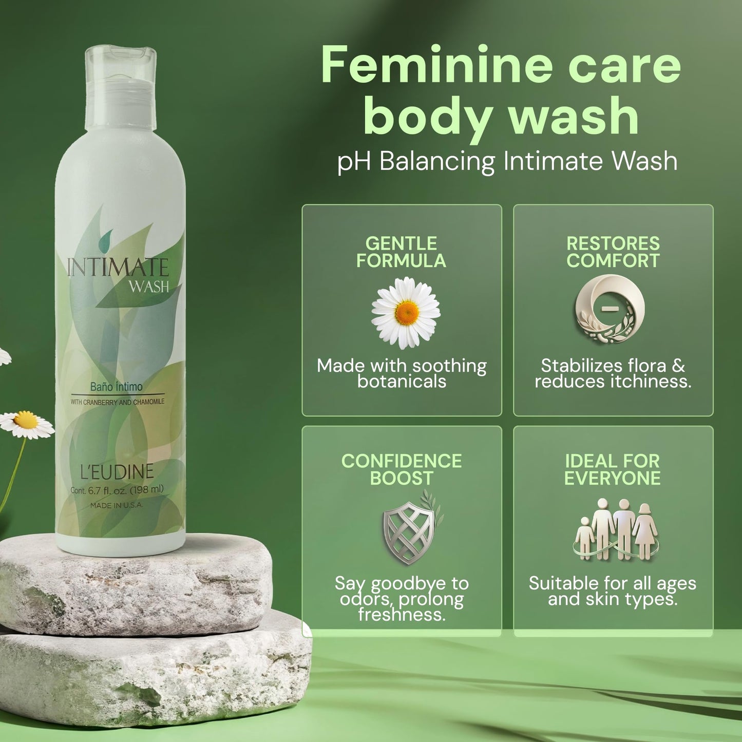 L’EUDINE Feminine Care Body Wash 6.7Fl Oz – pH Balancing Feminine Wash with Chamomile, Aloe Vera – Intimate Wash Women and Men for Daily Freshness – Gentle and Comforting