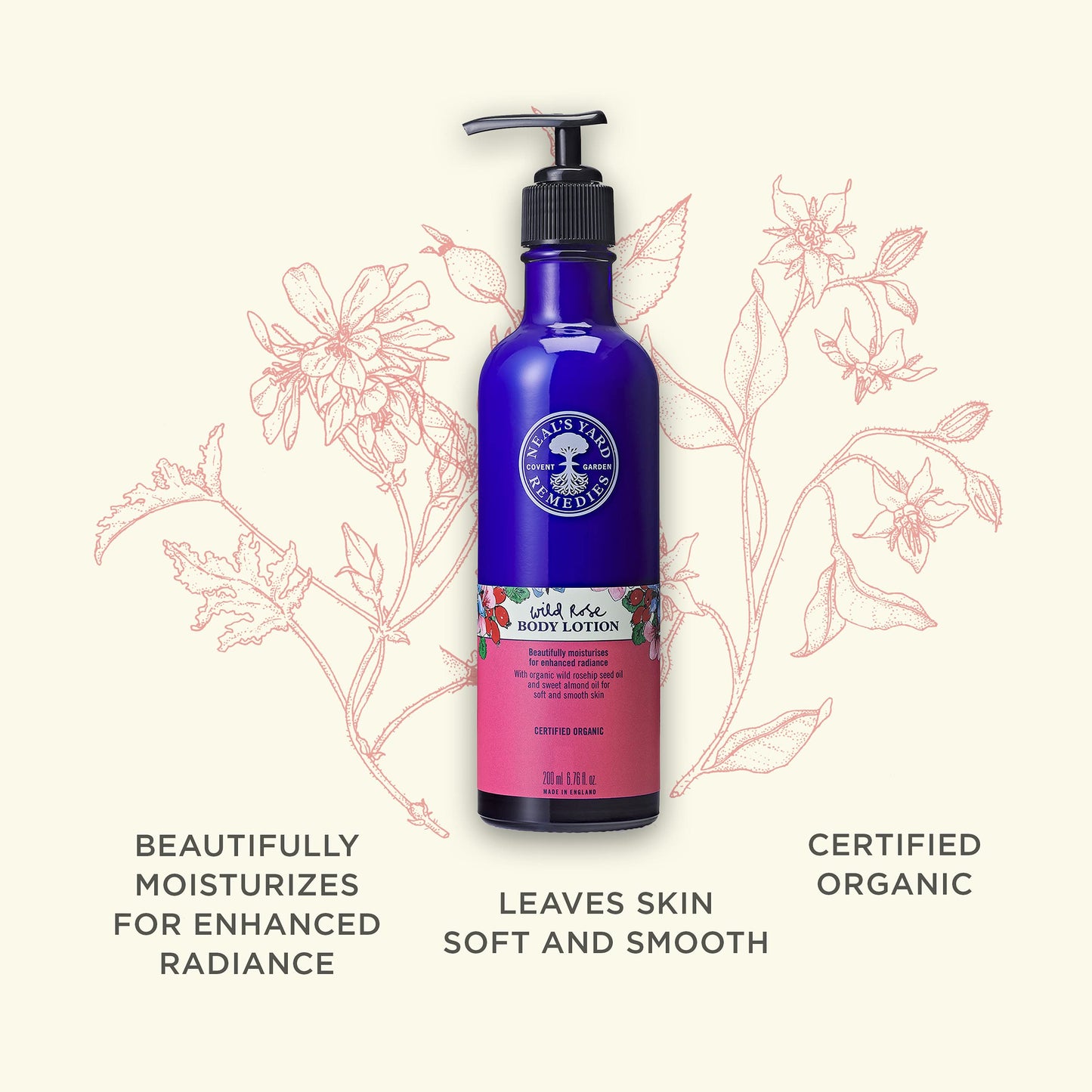 Neal's Yard Remedies Wild Rose Daily Hydrating Body Lotion and Moisturizer for All Skin Types – Lotion for Body and Hands, Moisturizing and Nourishing for Dry Skin (6.76 oz)