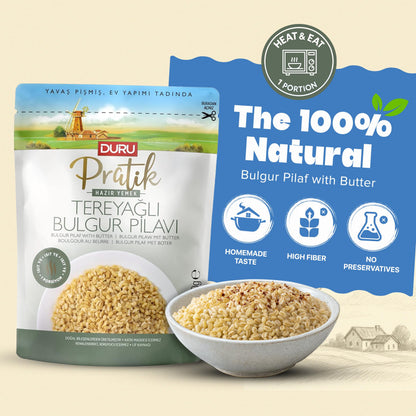 Duru Ready Bulgur Pilaf with Butter, 250g x 4 Pack – Heat & Eat, 100% Natural, Non-GMO, BPA Free, No Trans Fat, No Preservatives