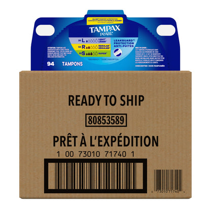 Tampax Pearl Tampons for Women Multipack, with LeakGuard Braid, Light/Regular/Super Absorbency, Unscented, 94 Count (2 Packs of 47) (Packaging May Vary)