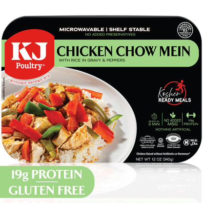 KJ Poultry Kosher Ready Meals - Chicken Chow Mein, MRE Meat Meals Ready to Eat, Gluten Free, Halal, (1 Pack) Prepared Entree Fully Cooked, Shelf Stable Microwave Dinner Travel Military Camping