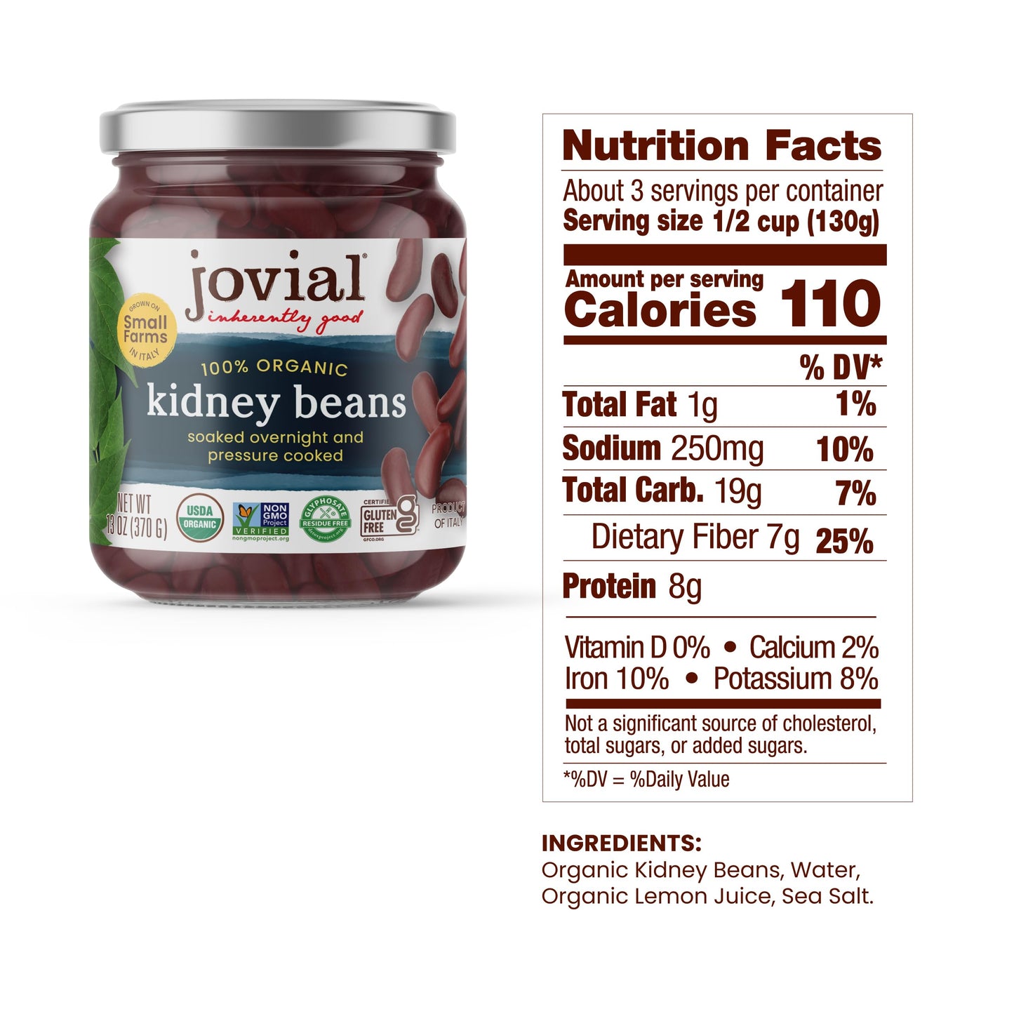 Jovial 100% Organic Kidney Beans - Kidney Beans, Organic Kidney Beans, No Saturated Fat, Gluten Free, Recyclable Glass, Great Source of Fiber, No Additives or Preservatives, Product of Italy - 13 Oz