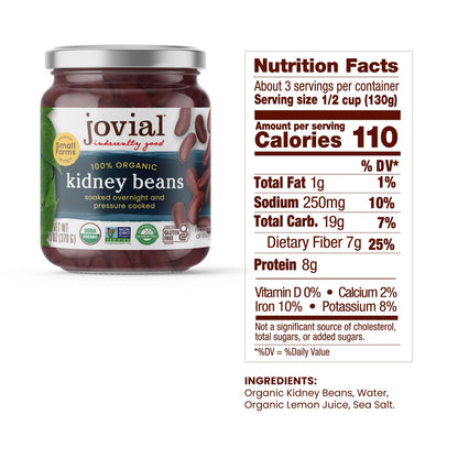 Jovial 100% Organic Kidney Beans - Kidney Beans, Organic Kidney Beans, No Saturated Fat, Gluten Free, Recyclable Glass, Great Source of Fiber, No Additives or Preservatives, Product of Italy - 13 Oz