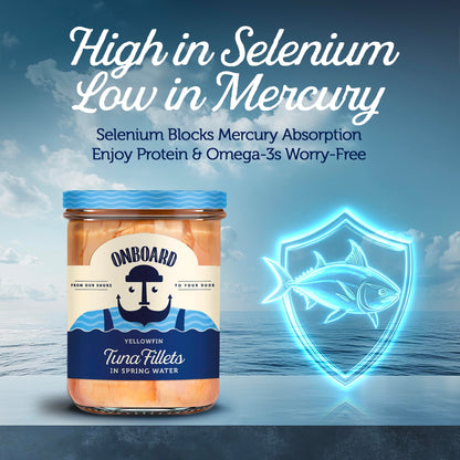 ONBOARD Yellowfin Tuna Fillets, Mediterranean Seafood Diet | Pescatarian Jarred Atun, Fresh Sea Tuna Salad | High in Protein - Healthy Ready-to-Eat Snacks, Packed in Glass Jar | (6 Packs, Spring Water)