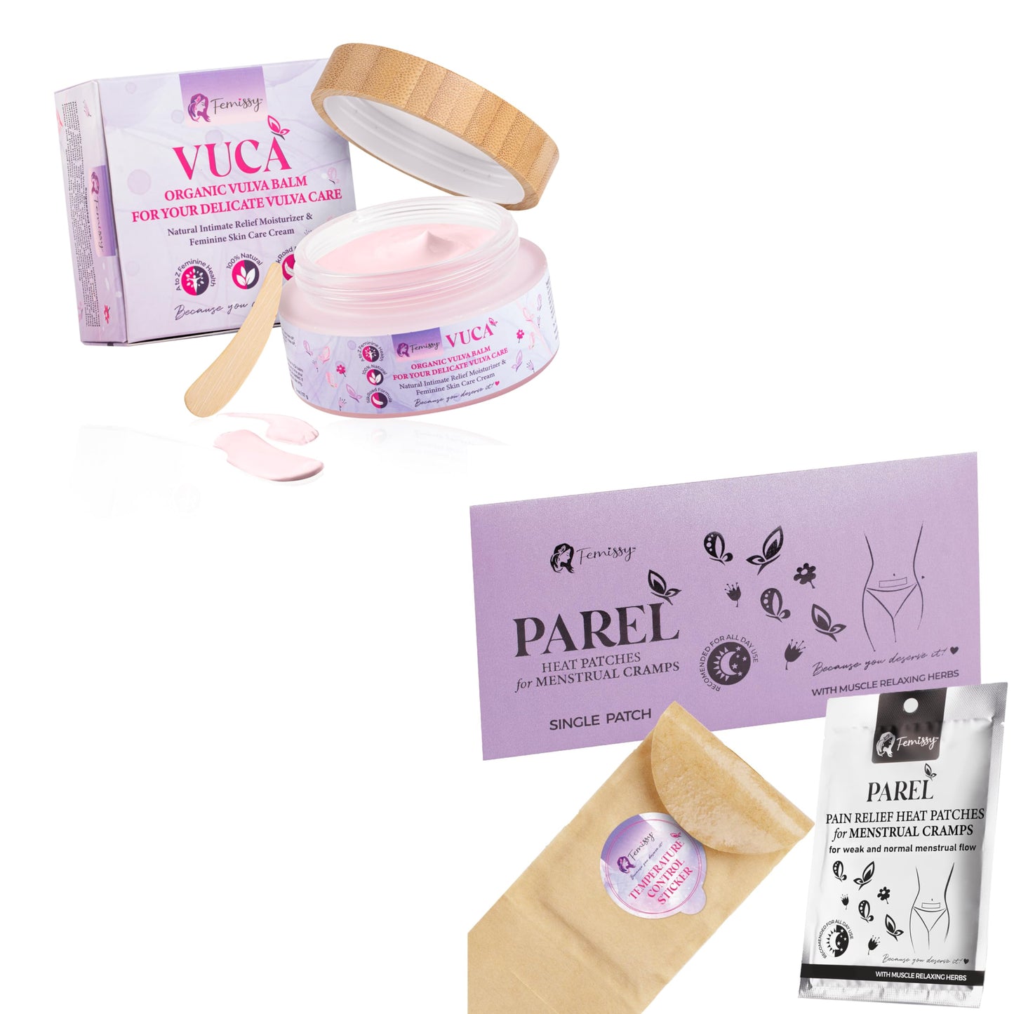 Vulva Balm (2 oz) Cream; Vulva Moisturizer Women, Feminine Relief Balm + Heat Patches for Menstrual Cramps based on Flow Strength, 1 Single Patch for Weak & Normal Flow Herbs for external use only