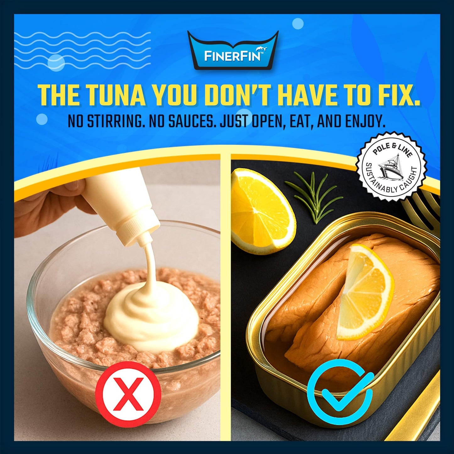 FinerFin Yellowfin Tuna Fillets in Organic Olive Oil | Zesty Lemon Flavor | Premium Canned Tuna Fish with EVOO | Gourmet Ready-to-Eat Pole & Line Caught Fillets | 4.4oz can - 6 Pack