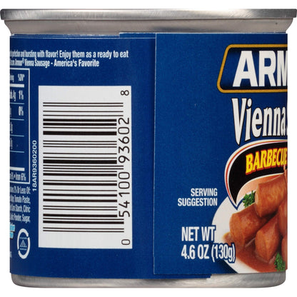 Armour Star Vienna Sausage, BBQ Flavored, Ready to Eat Canned Sausage, 7g Protein Per Serving, 4.6 oz. (Bulk Pack of 24)