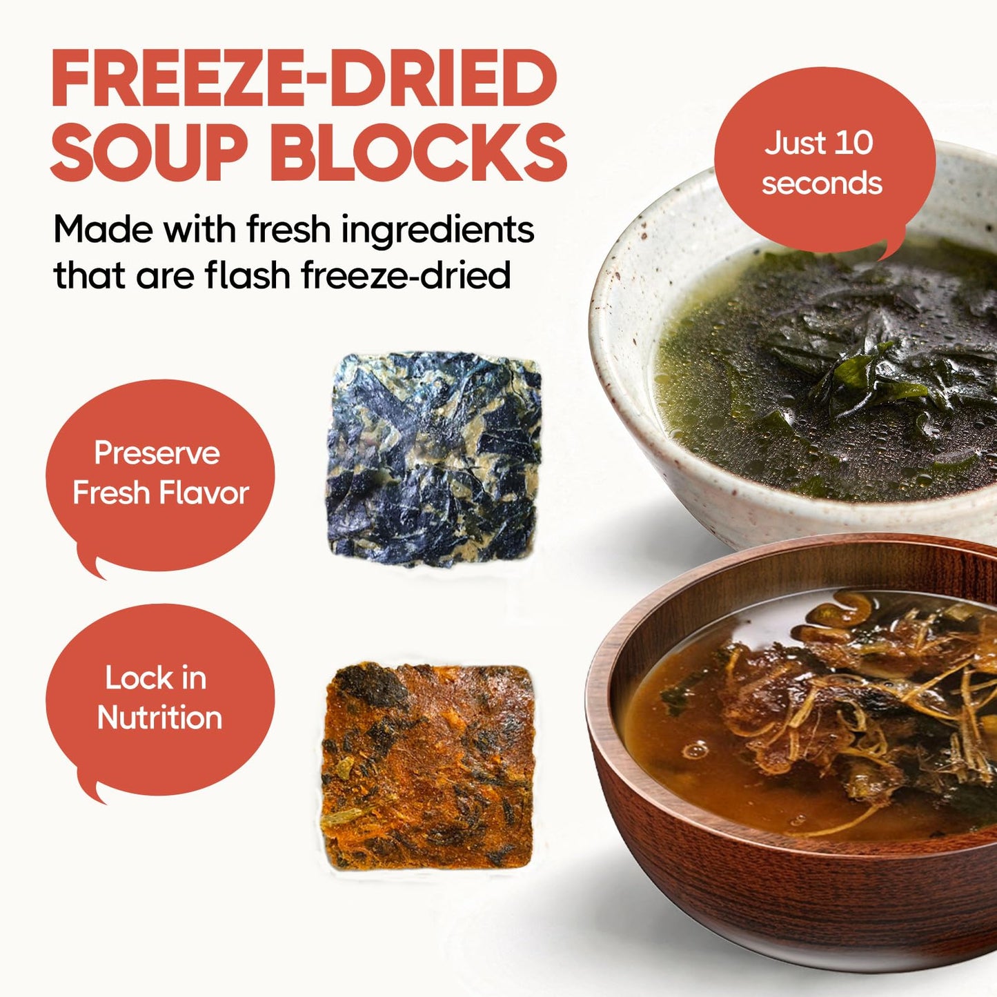 COELO Korean Freeze Dried Instant Soup Multi-Pack (Seaweed Soup 10g × 5ea) + (Korean spicy soup 10g × 5ea) | Easy Cooking Individual Packing Single Serve | Camping Trip Office Party 한국전통 미역국, 시래기해장국
