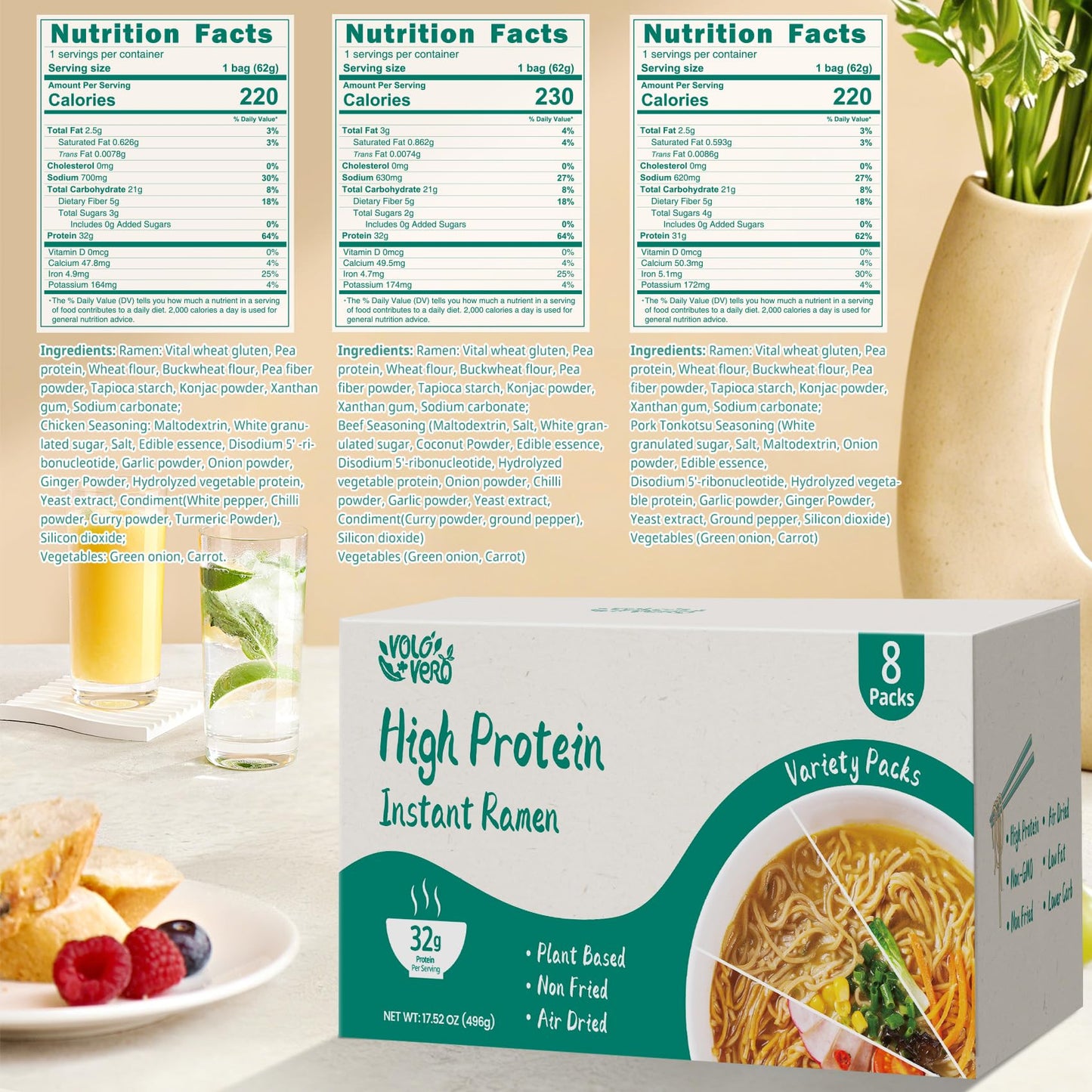 VOLO VERO High Protein (32g) Instant Ramen Variety Packaged Noodles Soup, Chicken, "Spicy" Beef, Pork Tonkotsu, Plant-Based, Air-Dried, Non-Fried, Low Carb, Egg-Free, Dairy Free Healthy Meal, 8 Packs