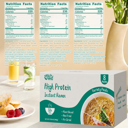VOLO VERO High Protein (32g) Instant Ramen Variety Packaged Noodles Soup, Chicken, "Spicy" Beef, Pork Tonkotsu, Plant-Based, Air-Dried, Non-Fried, Low Carb, Egg-Free, Dairy Free Healthy Meal, 8 Packs