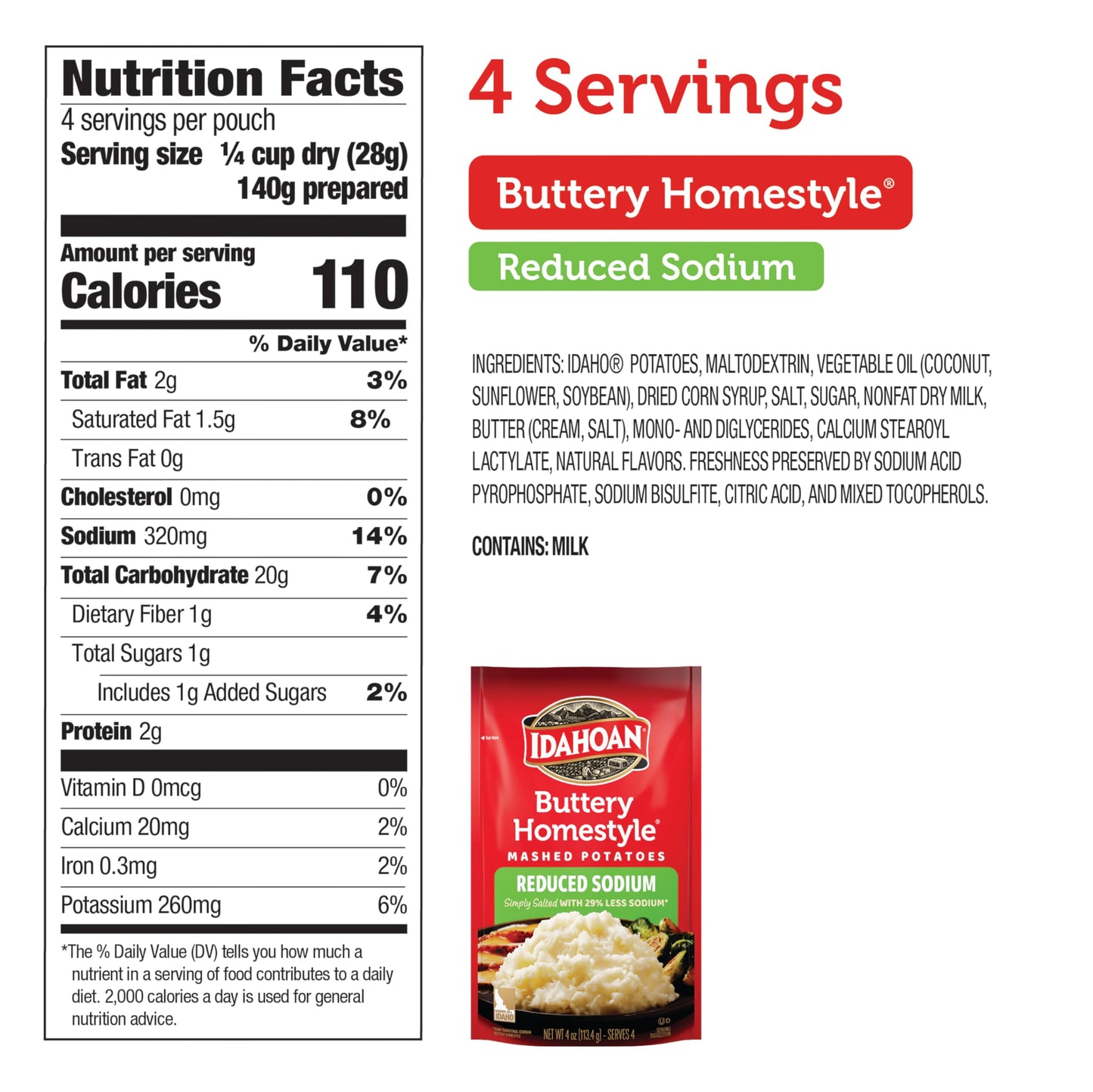 Idahoan Reduced Sodium Mashed Potatoes, Buttery Homestyle, 4 Ounce (Pack of 12)