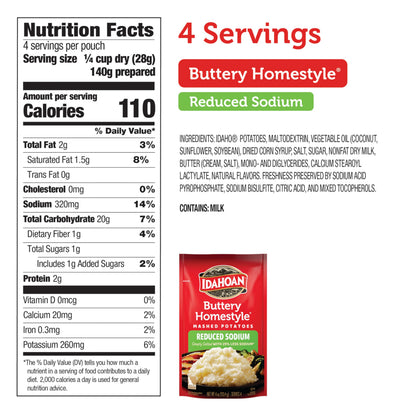 Idahoan Reduced Sodium Mashed Potatoes, Buttery Homestyle, 4 Ounce (Pack of 12)