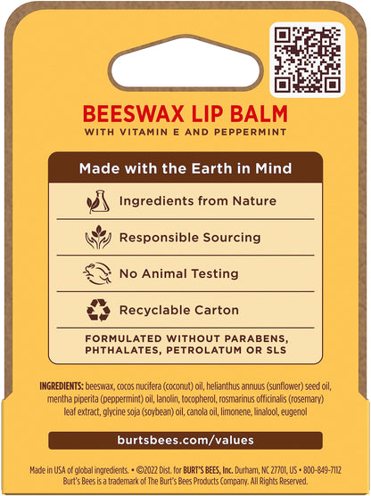 Burt's Bees Lip Balm, Lip Moisturizer With Responsibly Sourced Beeswax, with Vitamin E & Peppermint Oil, Natural Origin Moisturizing Care, 1 Tube, 0.15 oz.
