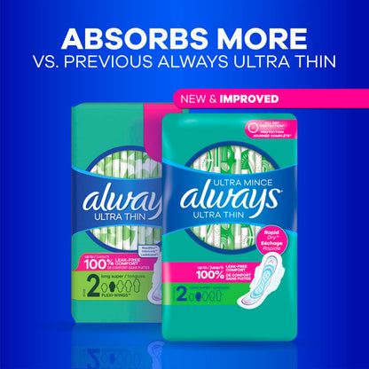 Always Ultra Thin Pads with Wings, Size 2, Long Super, 126 Count (3 Packs of 42)