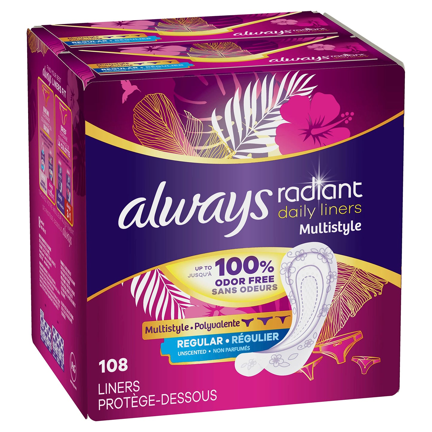 Always Radiant Daily Multistyle Liners Regular Absorbency Unscented, Up to 100% Odor-Free, 108 Count