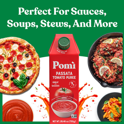 Pomì Tomato Passata 26.46oz (Pack of 6) - Made in Italy - Creamy, Velvety Tomato Puree with Touch of Salt, No Additives or Preservatives - 100% Fresh Italian Tomatoes - BPA-Free, Gluten-Free