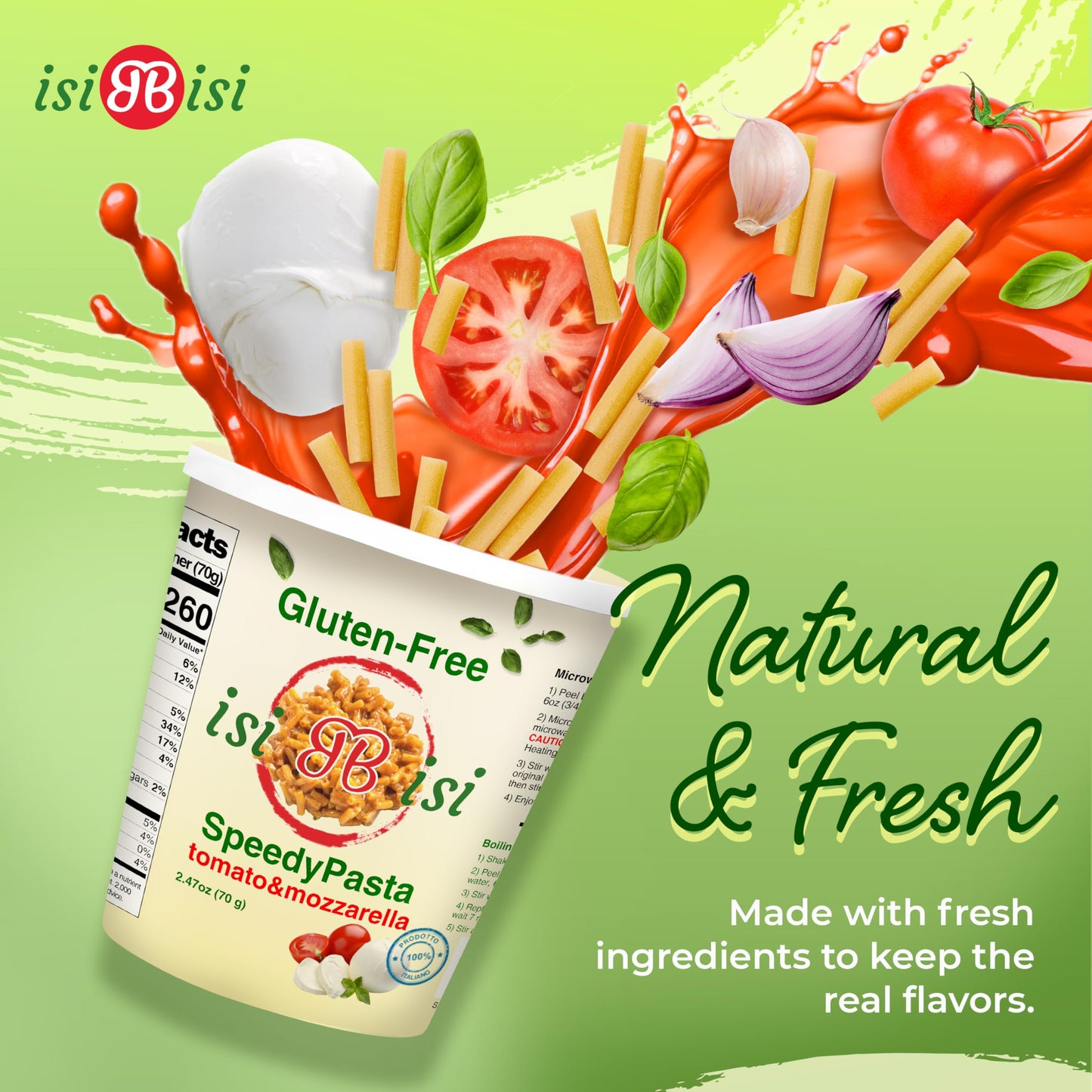 isiBisi Gluten-Free SpeedyPasta Tomato & Mozzarella Pasta Cups - Microwavable-Ready Baby Rigatoni Noodles, Non-GMO, 100% Made in Italy