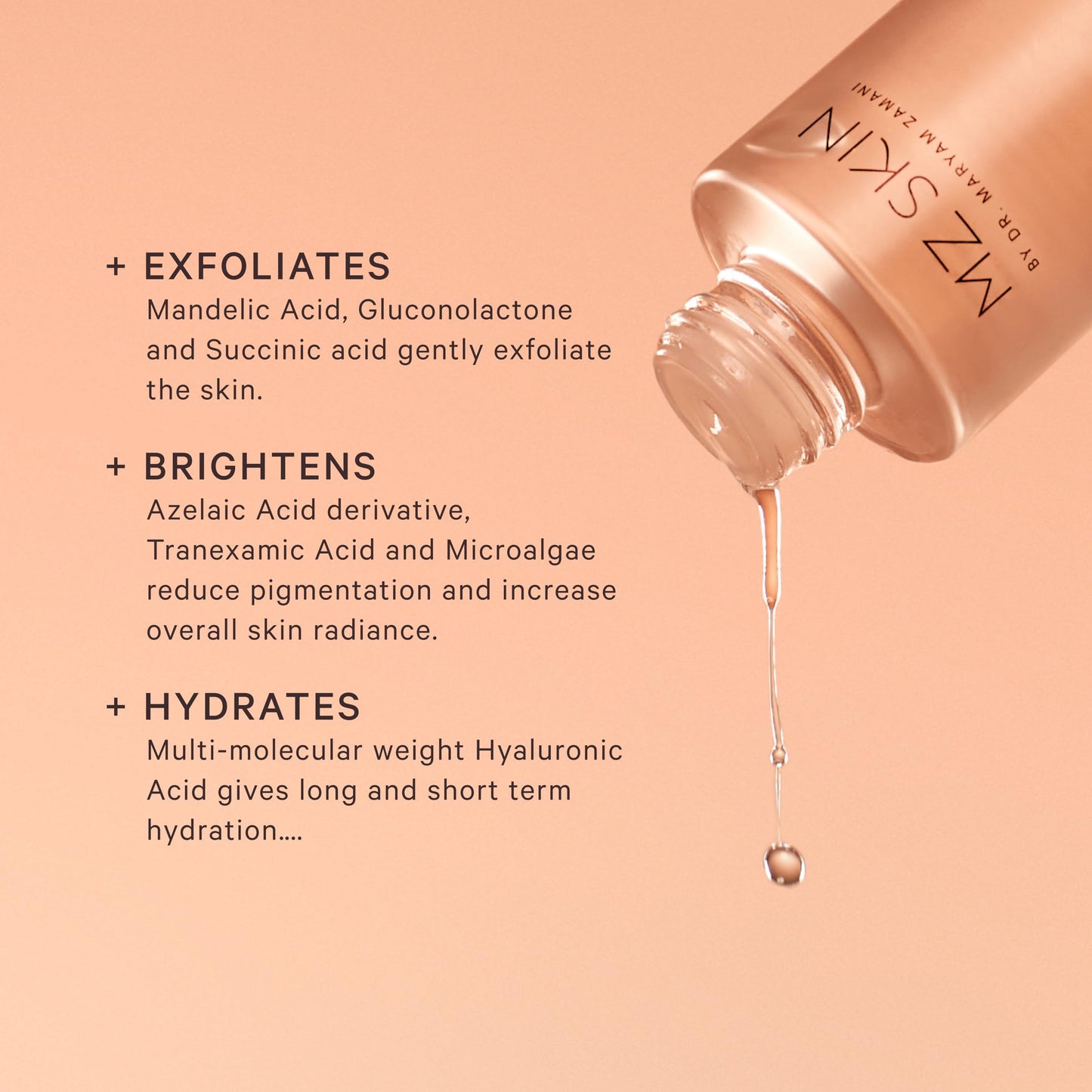 MZ SKIN Micro-Peeling Glow Essence 1.01 fl oz | 5% Azeloglicina, 3% Succinic & 2% Tranexamic Acid | Brightens, Clarifies & Smooths