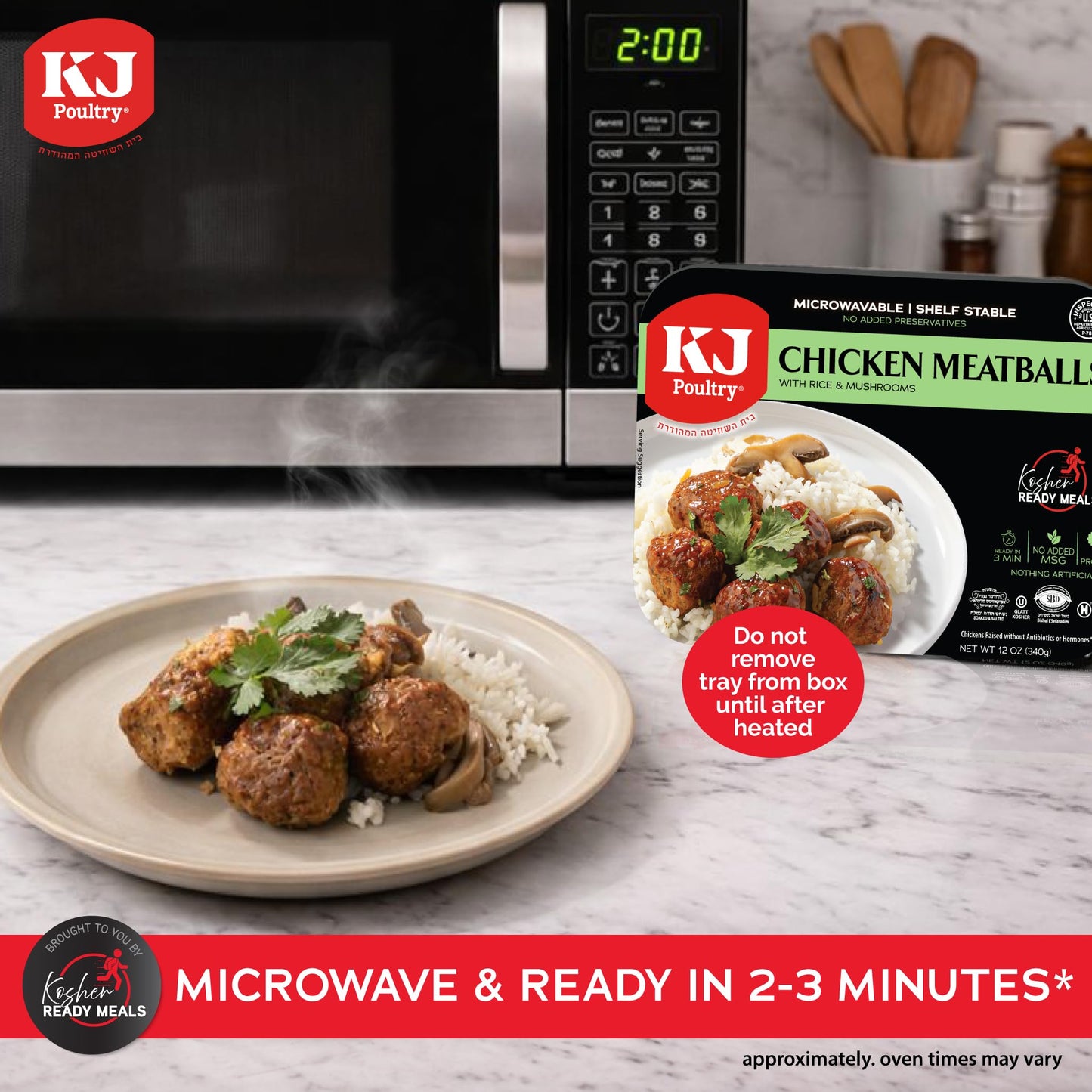 KJ Poultry Kosher Ready Meals - Chicken Meat Balls & Mushrooms, MRE Meat Meals Ready to Eat, Halal, (1 Pack) Prepared Entree Fully Cooked, Shelf Stable Microwave Dinner, Travel, Military, Camping