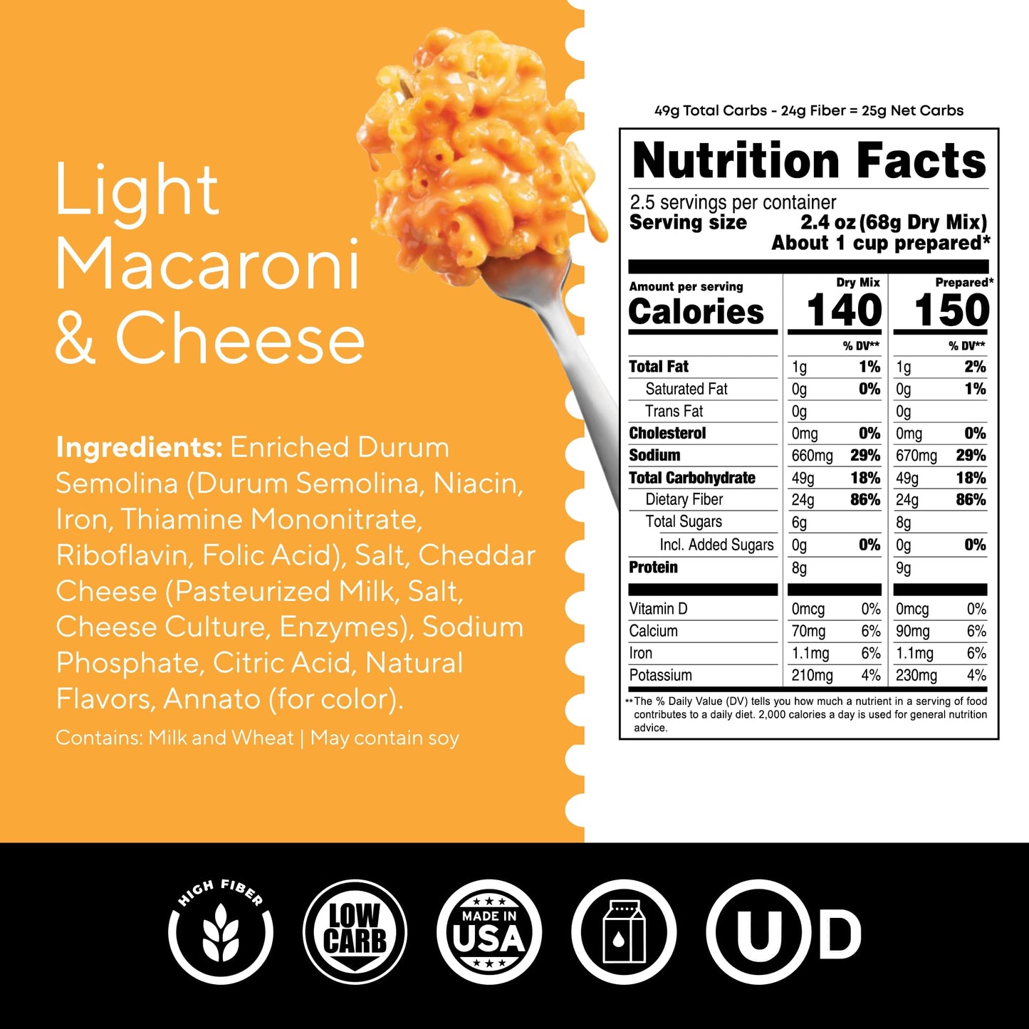 Fiber Gourmet Mac and Cheese - Low Carb Pasta with 24g Fiber, 150 Calories, Kosher Certified, Made in US with Natural Ingredients, No Artificial Colors or Flavors - 6 Pack