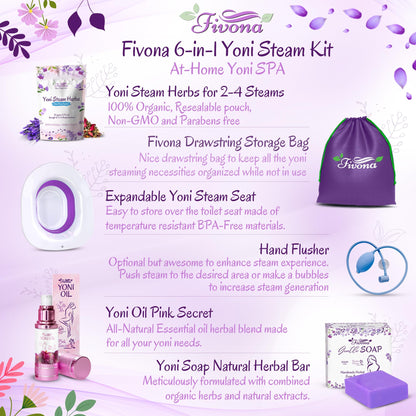 FIVONA Yoni Care Kit 6 in 1 - pH Balanced Natural Yoni Oil, Herbal Soap Bar for Feminine Wash, Detox V Steam Herbs Blue Moon, Foldable Sitz Bath Steam Pot, Hand Flusher and Drawstring Storage Bag