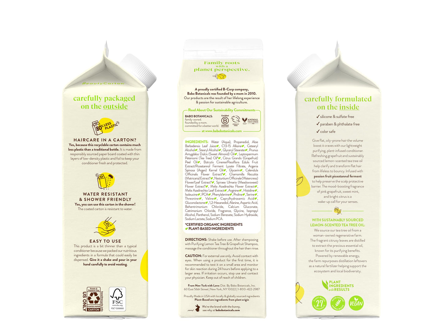 Babo Botanicals Purifying Lemon Tea Tree & Grapefruit Conditioner – For Flat, Oily Prone Hair – Add body & shine – Citrus-Mint Fragrance - Water-Resistant Carton w. 80% Less Plastic – Vegan