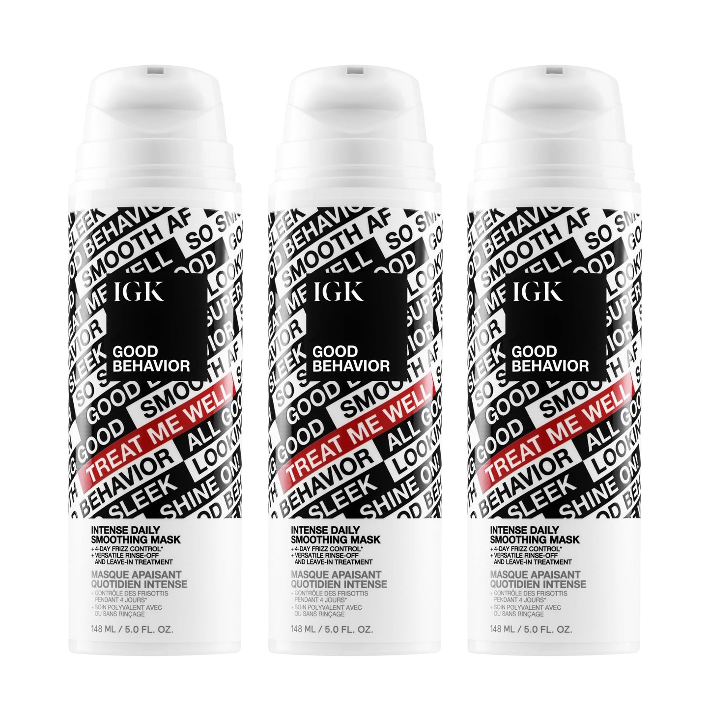 IGK Good Behavior Intense Daily Smoothing Mask 3 pack – Rinse-Out or Leave-In Treatment – 4-Day Frizz Control – Vegan & Cruelty-Free
