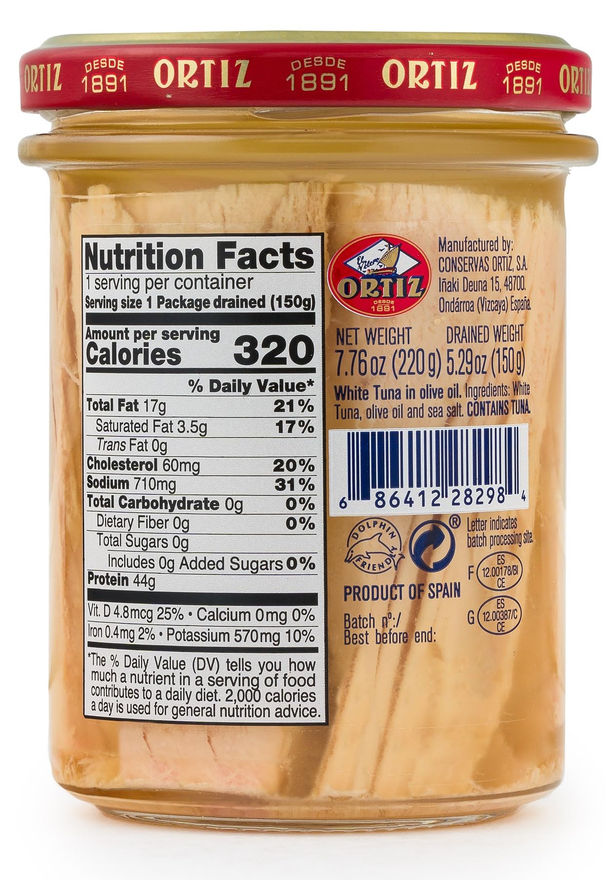 Ortiz Tuna in Olive Oil, 7.76oz Glass Jar | Superior Tuna in Olive Oil | Ortiz White Tuna in Olive Oil