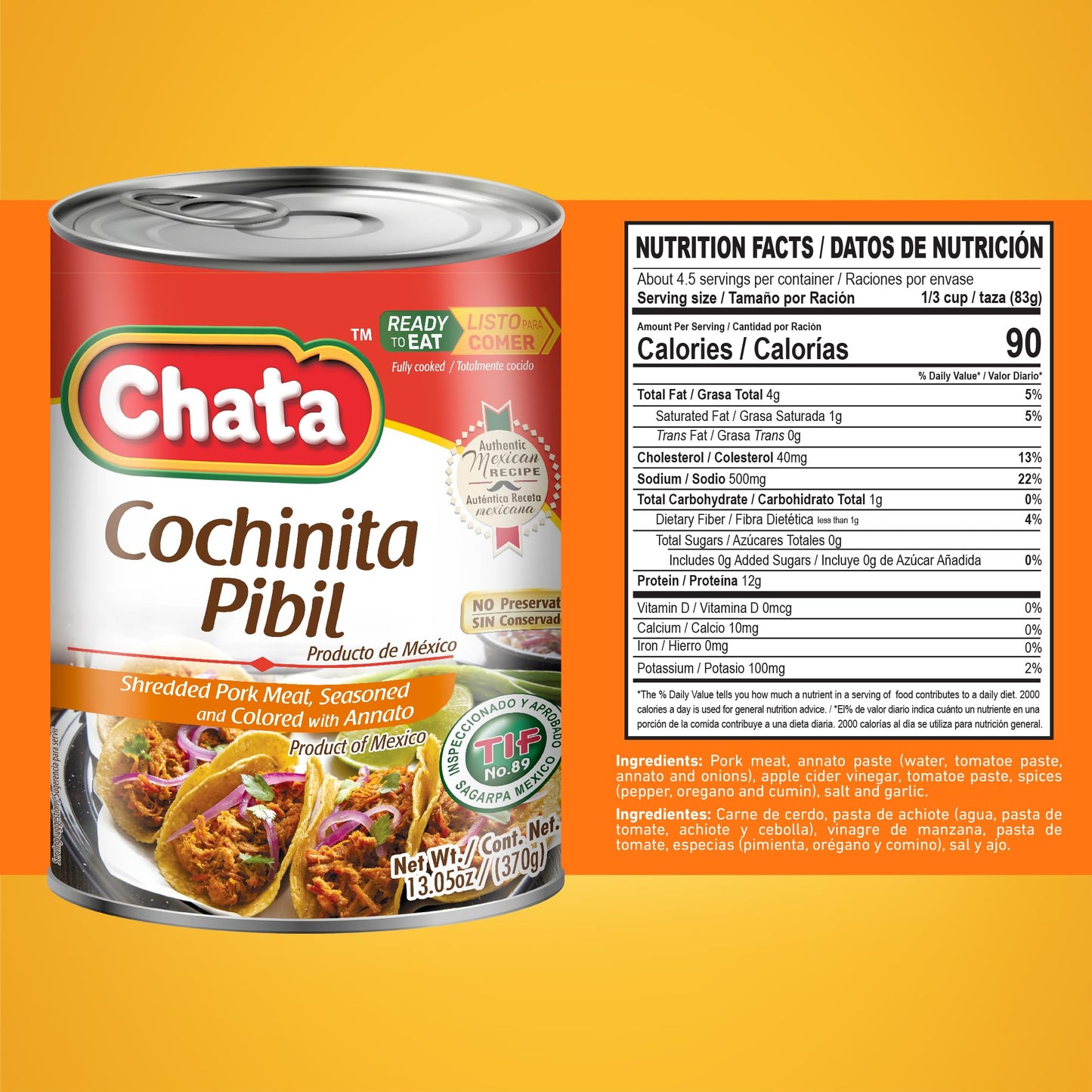 Chata Cochinita Pibil, Shredded Pork Meat with Annatto Seasoning, 13.05 oz, Pack of 4