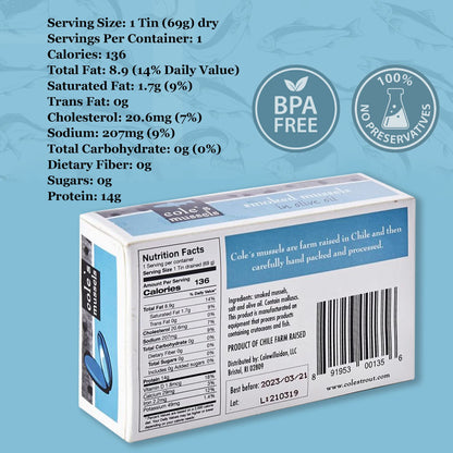 Cole’s Patagonian Smoked Mussels Canned in Extra Virgin Olive Oil | 4oz Hand-Packed Tinned Mussels | 14g Protein | Pack of 5