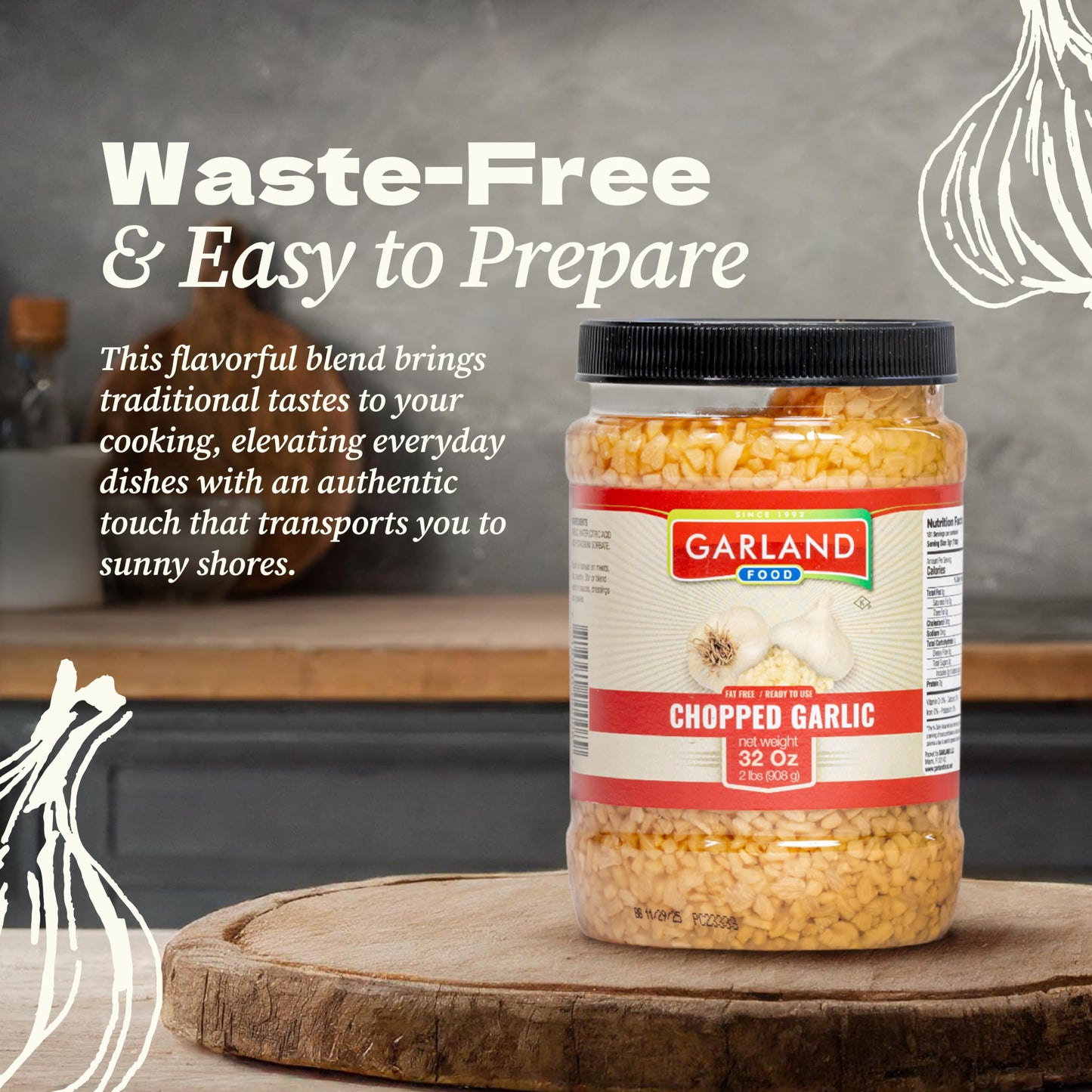 Garland Food Chopped Garlic in Jar - Convenient Garlic Chopped in Water for Cooking, Time-Saving Prep & Seasoned Dishes - Made in the USA (32 oz)