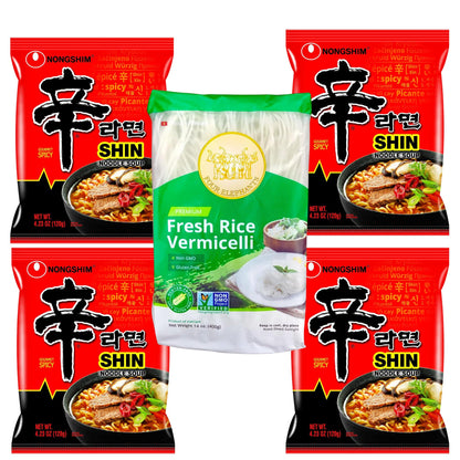 Authentic Asian Pantry Spicy Ramen Noodles 4 Pack + FREE Four Elephants Rice Vermicelli | Korean Ramen Soup + Thin Rice Noodles | Easy Meal Kit, Non-GMO, Gluten-Free