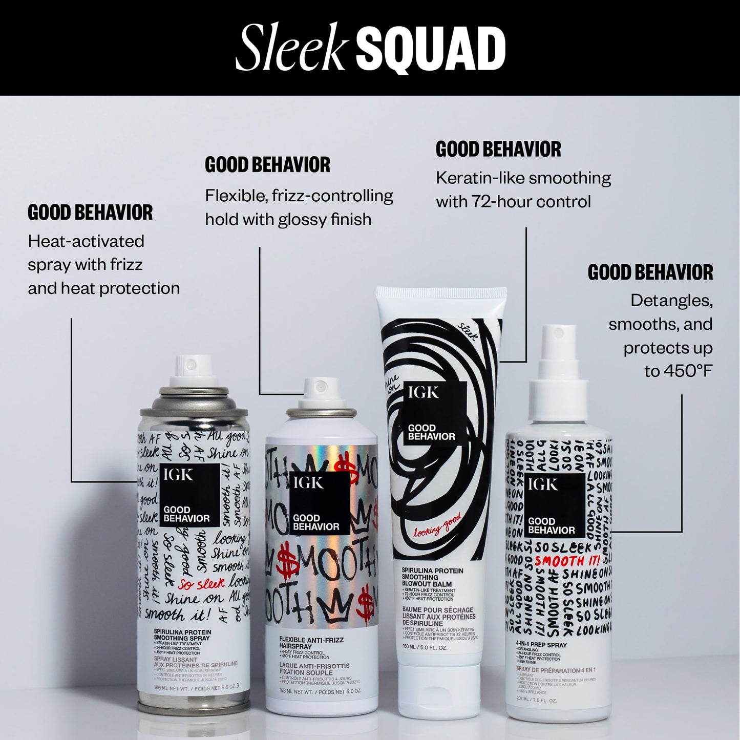 IGK GOOD BEHAVIOR Holiday 2025 Gift Set – Flexible Hairspray 5 oz, Smoothing Spray 5.6 oz, 4-in-1 Prep Spray 7 oz – Anti-Frizz, Heat Protection, Shine & Smooth Finish for All Hair Types