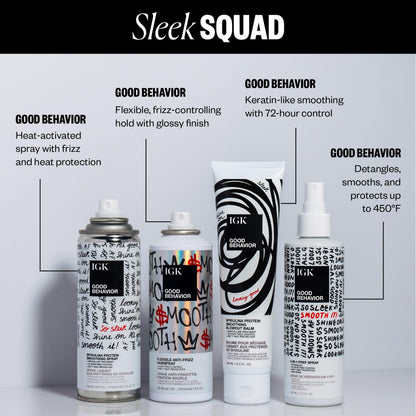 IGK GOOD BEHAVIOR Holiday 2025 Gift Set – Flexible Hairspray 5 oz, Smoothing Spray 5.6 oz, 4-in-1 Prep Spray 7 oz – Anti-Frizz, Heat Protection, Shine & Smooth Finish for All Hair Types