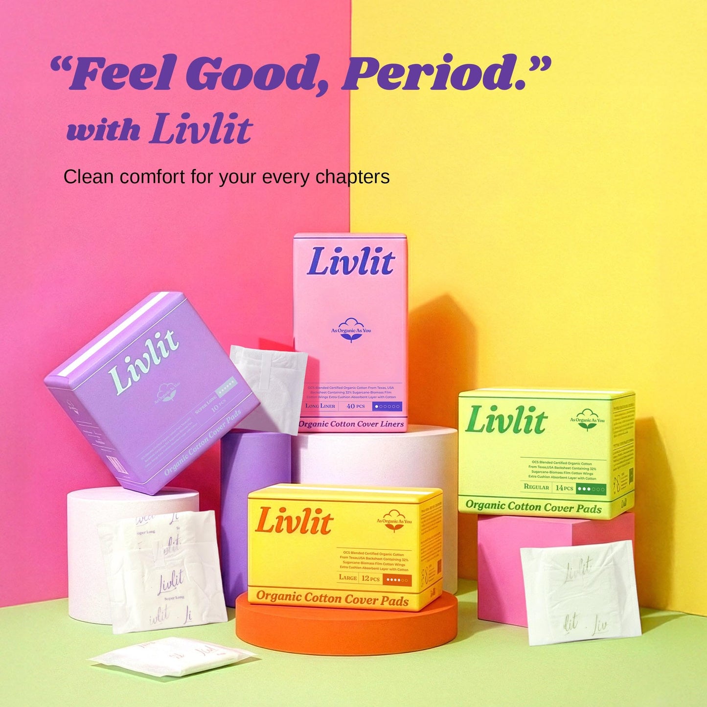 Livlit Organic Cotton Sanitary Pad Bundle – Large Pads 32pcs + Super Long Pads 10pcs, Chlorine Free, Unscented, Ultra Absorbent Period Care