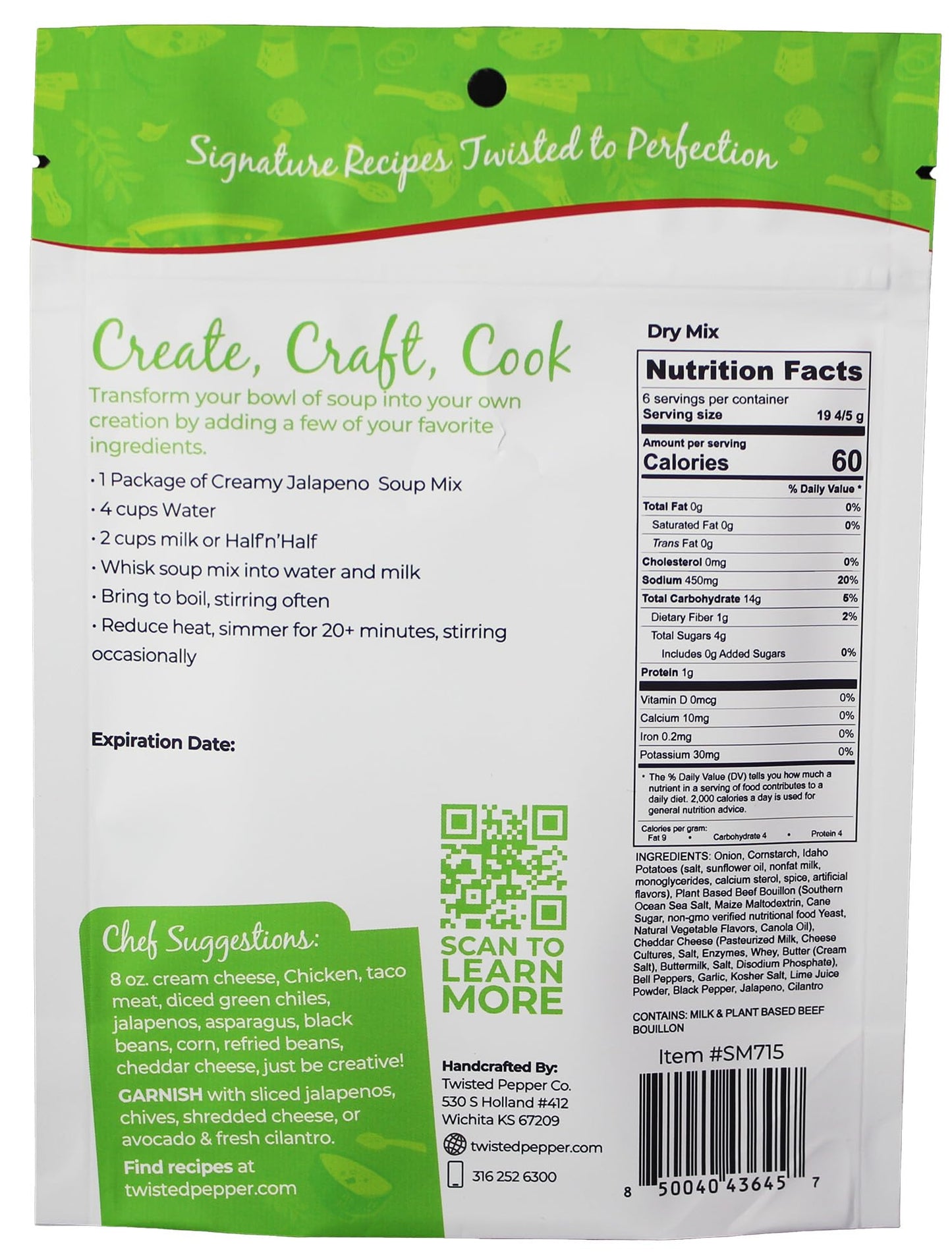 Twisted Pepper Co. Creamy Jalapeño Dry Soup Mix – Handcrafted Homestyle Creamy Soup, Gluten-Free, Rich Flavor with Jalapeños, Bacon Bits, Green Chilies, Cheddar Cheese, – Serves 6