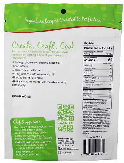 Twisted Pepper Co. Creamy Jalapeño Dry Soup Mix – Handcrafted Homestyle Creamy Soup, Gluten-Free, Rich Flavor with Jalapeños, Bacon Bits, Green Chilies, Cheddar Cheese, – Serves 6