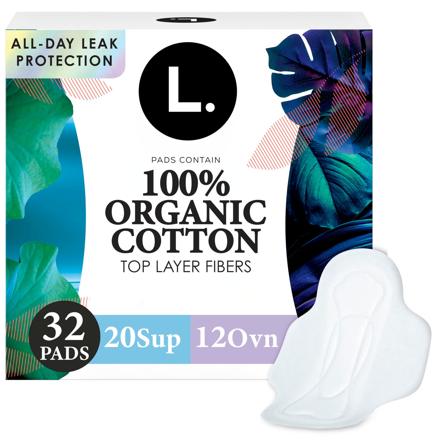 L. Ultra Thin Pads for Women, Organic Cotton Top Layer, Super + Extra Long Overnight Duo Pack Absorbency, Menstrual Pads with Wings, 32 Count