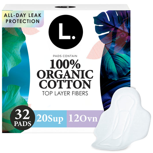 L. Ultra Thin Pads for Women, Organic Cotton Top Layer, Super + Extra Long Overnight Duo Pack Absorbency, Menstrual Pads with Wings, 32 Count
