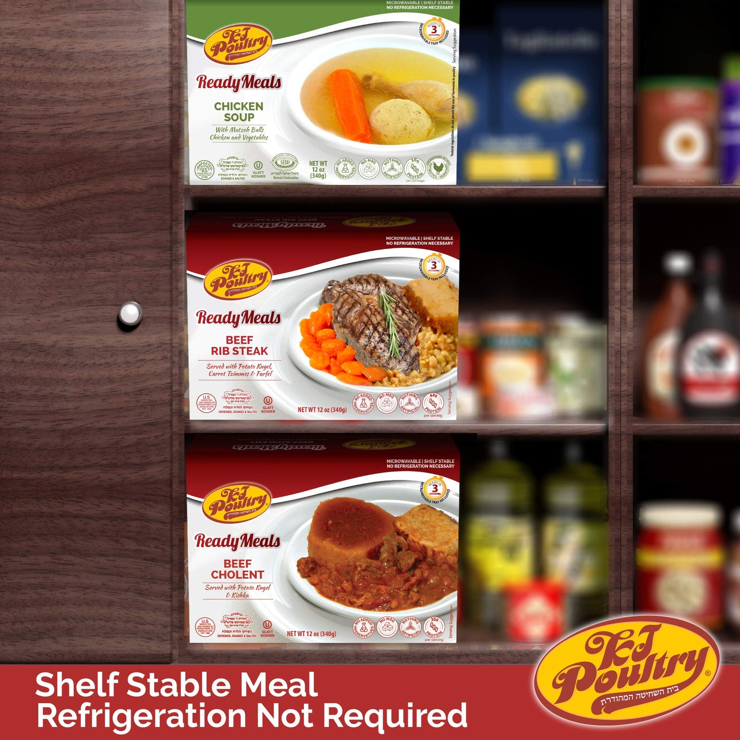 KJ Poultry Kosher Ready Meals - Shabbos Beef Variety (3 Pack) Prepared Entree Fully Cooked, Shelf Stable Microwave Dinner Travel Military Camping Emergency Survival Protein Food Supply